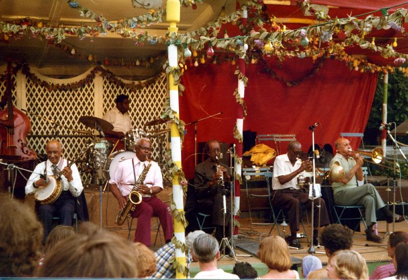 1976-087.jpg - 1976 Preservation Hall Jazzband; Emanuel Sayles, Emanuel Paul, Polo Barnes, Kid Thomas Valentine, Clem Tervalon